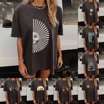 Okolo Krku Slnko Vzor Tlače Ženy Voľné Krátke sleeve T-shirt Bežné Jednoduché Čierne Tričko pre Lady Vrchole Letné Ženskej Módy