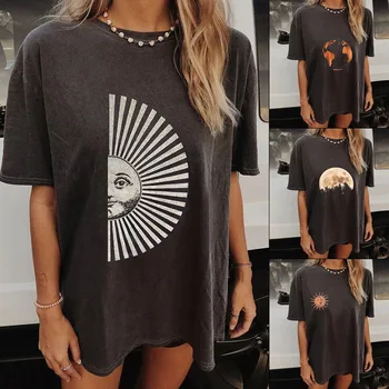 Okolo Krku Slnko Vzor Tlače Ženy Voľné Krátke sleeve T-shirt Bežné Jednoduché Čierne Tričko pre Lady Vrchole Letné Ženskej Módy