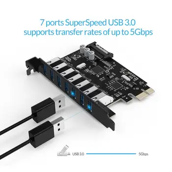 ORICO SuperSpeed USB 3.0 7 Port PCI-E Express Kartu s 15 kolíkový Napájania SATA Konektor PCIE Prispôsobiť VL805 a VL812 Čipsetom
