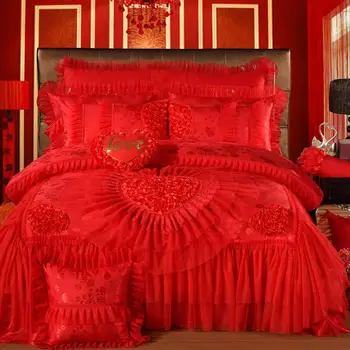 Orientálna čipky červené ružové svadobné luxusné royal posteľná bielizeň nastaviť kráľovná king size prehoz cez posteľ plochý list nastaviť Perinu spálňa nastaviť