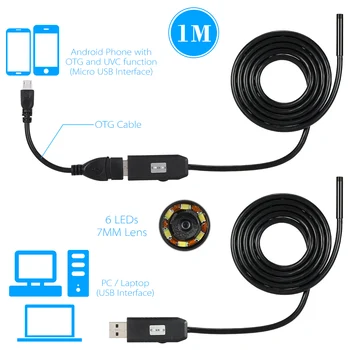 OWSOO 1/2/3/5M 7 mm Objektív USB Endoskop Fotoaparát Vodotesný Drôt Had Trubice Inšpekcie Borescope Pre OTG Kompatibilné Telefóny Android