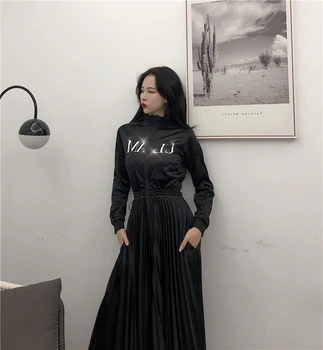 Patchwork Stojaci Golier List Skladaný Šaty Žien Black Plus Veľkosť Vintage Dlhé Šaty Žien 2020 Nové