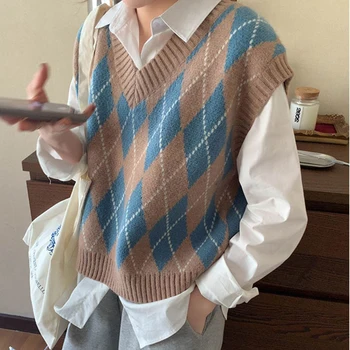 Pletené vest 2021 kórejský škole štýl tvaru vesta bez rukávov rhombic vesta