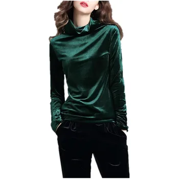 Plus veľkosť M-6XL 7XL Velvet košele ženy vintage dlhý rukáv Turtleneck velvet blúzka zena top Základné velúrové tričko black green