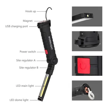 Prenosné 5 Režime KLASU Baterka Pochodeň Magnetické KLASU Lanterna USB Nabíjateľné LED Pracovné Svetlo Háčik na Zavesenie Lampa Pre Outdoor Camping