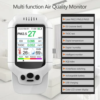Prenosné Ozónu Meter O3 0-5ppm Rozsah Rýchle Snímanie Tester Multi-plyn Monitorovanie Kvality Ovzdušia Detektor TVOC PM2.5 Analyzer Senzor