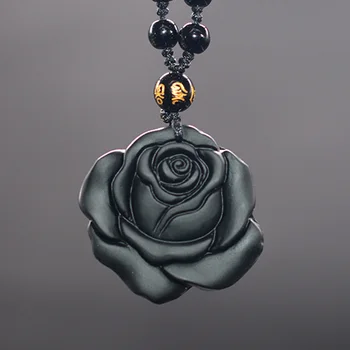 Prírodné Obsidian Roztomilý Ruže Kvet Prívesok Náhrdelník Muž Exquisito Bižutéria Módne Doplnky, Ručne Vyrezávané Šťastie, Amulet Dary