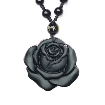 Prírodné Obsidian Roztomilý Ruže Kvet Prívesok Náhrdelník Muž Exquisito Bižutéria Módne Doplnky, Ručne Vyrezávané Šťastie, Amulet Dary