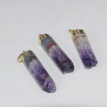 Prírodný kameň kyvadlo dlhé, prívesky amulet žena surové fialový kremeň Valec stĺpec geode druzy crystal duchovné veľký poľský