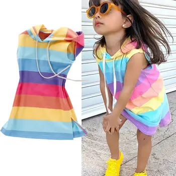 Pudcoco Sladké Deti Baby Girl Dress 2020 Letné Oblečenie Rainbow Pruhované Šaty s Kapucňou, Oblečenie Sunsuit 1-7Y