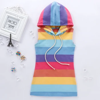 Pudcoco Sladké Deti Baby Girl Dress 2020 Letné Oblečenie Rainbow Pruhované Šaty s Kapucňou, Oblečenie Sunsuit 1-7Y