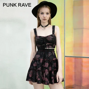 PUNK RAVE Dievča je Gotický Rose&Lebky Vytlačené Ruched Sexy Plodín Topy Punk Vesta&Sukne Klub Žien Sady Streetswear