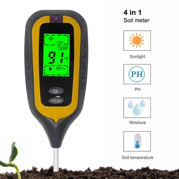 Pôdy Tester 4 v 1 pH Pôdy Vlhkosti Meter, Teplomer, Vlhkomer Slnečnému žiareniu na Monitor s Zeleným Podsvietením Automatické vypnutie Funkcie