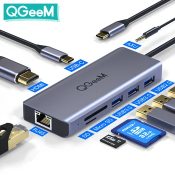 QGeeM USB C Rozbočovač pre Macbook Pro Air HDMI VGA Karty Micro SD Čitateľov RJ45 Aux PD OTG Multi USB Hub Typ C 3.0 Adaptér pre Notebook