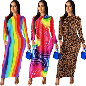 Rainbow Tlače Bodycon Obväz Dlhé Šaty Žien 2020 Jeseň Jeseň Sexy Dlhé Party Šaty Vrecku Dlhý Rukáv Elegantné Vianočné Šaty
