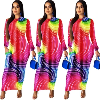 Rainbow Tlače Bodycon Obväz Dlhé Šaty Žien 2020 Jeseň Jeseň Sexy Dlhé Party Šaty Vrecku Dlhý Rukáv Elegantné Vianočné Šaty