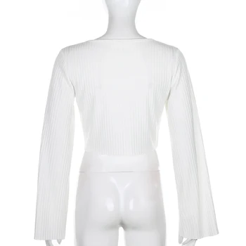 Rapcopter Biele Ženy Cardigan Zip Dlhý Rukáv Y2K T Shirt Hlboké V Sexy Plodín Top Voľné Bežné Tee Topy Jeseň Nové Tričko 2020 Top