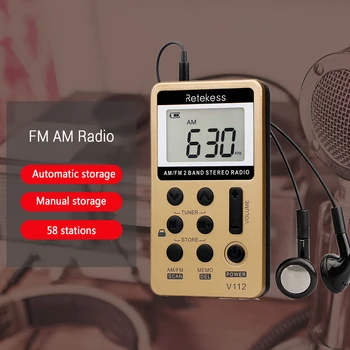 RETEKESS V112 Mini Ručné Prenosné Rádio FM, AM 2 Kapela Digitálny Vreckový rádio Prijímač, slúchadlá Reproduktor Pre prehrávač Walkman vandrovku