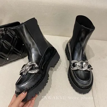 Reťaz dekor členková obuv okrúhle ploché prst platformu Chelsea boots krátke Martin botas zimné street móda topánky ženy