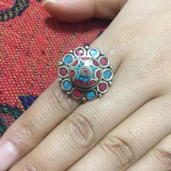 RG009 Nepále, Indii, Šperky, Krásne Ženy Kvet Krúžok Bohemia Tibetskej Kovu, Medi Farebné Kamenné Kruhy Nový Príchod