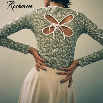 Rockmore Motýľ Duté Z Obväz Dlhý Rukáv T košele Ženy Streetwear Y2K Zelený O Krk Topy Tees Módne Oblečenie Vintage