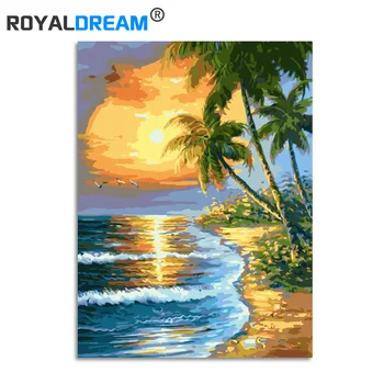 ROYALDREAM Sunset Beach Krajiny DIY Maľovanie Podľa Čísel Súpravy Farebnosť Farba Čísla Moderné Nástenné Art Obraz Darček
