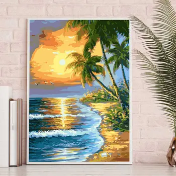 ROYALDREAM Sunset Beach Krajiny DIY Maľovanie Podľa Čísel Súpravy Farebnosť Farba Čísla Moderné Nástenné Art Obraz Darček