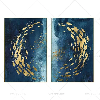 Ručne vyrábané Zlato Modrá Ryba Kruhu Nástenné Maľby Moderné Abstraktné olejomaľba na Plátne, Ručne Maľované Krásy Domova Obrázok