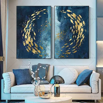 Ručne vyrábané Zlato Modrá Ryba Kruhu Nástenné Maľby Moderné Abstraktné olejomaľba na Plátne, Ručne Maľované Krásy Domova Obrázok