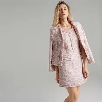 Ručné Luxusné Šaty a Obleky pre Ženy Móda Tweed O Krk Šaty a Strapec Krátke Blejzre Vyhovuje Ružová