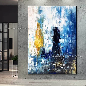 Ručné Nové Veľké Akryl Textúrou Abstraktnej Maľbe Handpainted Moderného Maliarstva Modrá Žltá Obrázok Pre Domáce Izba Dekor