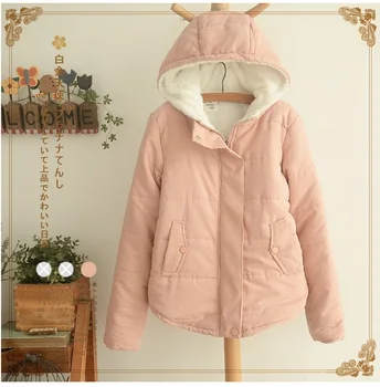 Ružová kawaii vetrovka kórejský zimné ženy bunda zimná radostné Roztomilý Mladé Dievča Oblečenie, kabáty s Kapucňou krátke hrubé ženy