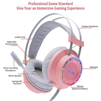 Ružová Slúchadlá Herné Headset Káblové s Mikrofónom Profesionálny Hráč 7.1 Priestorový Zvuk RGB Svetlo na PC Počítač, Xbox Jeden