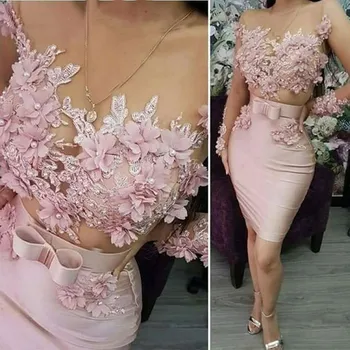 Ružová Tylu Krátke Šaty Ples 2020 llusion Ženy Elegantné Party Kvety Dlhé Rukávy Satin Vestidos Gala Sexy Šaty Večerné Šaty
