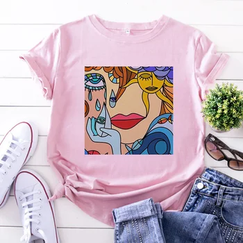 Ružová Ženy T-shirts Van Gogh Abstraktnej Maľbe 2020 Letné Krátke Tričko Fashion Lady dámske Topy Dámske Grafické Žena Tričko
