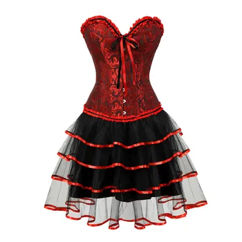 Sapubonva korzety pre ženy, plus veľkosť Paródia kostým overbust korzety, šaty, sukne s tutu červená a čierna corselet móda