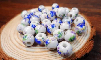 SAUVOO 50Pcs Ručné Modré A Biele Porcelánové Korálky 10 mm Veľké Diery Kvetinový Vzor, Veľký Veľký Otvor Keramické Korálky pre DIY Šperky