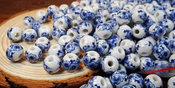 SAUVOO 50Pcs Ručné Modré A Biele Porcelánové Korálky 10 mm Veľké Diery Kvetinový Vzor, Veľký Veľký Otvor Keramické Korálky pre DIY Šperky