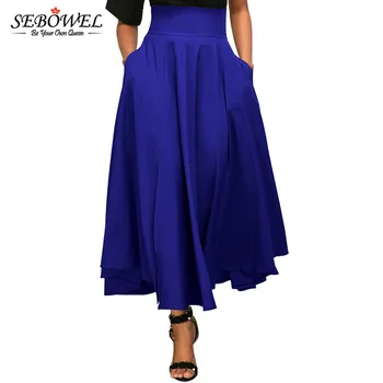 SEBOWEL 2020 Jeseň Zima Ženy Modrej Sukne Vintage Retro Plus Veľkosť Vysoký Pás Skladaný Belted Dlho Maxi Sukne Späť motýlik S-XXL