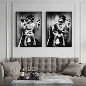 Sexy Dievča Sedí Na Wc Plátno Umenie Plagáty a Vytlačí Čiernom a Bielom Plátne, Obrazy na Stenu, Kúpeľňa Cuadro Obrázky
