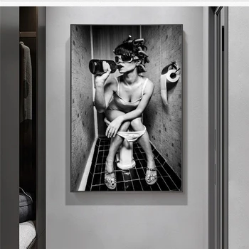 Sexy Dievča Sedí Na Wc Plátno Umenie Plagáty a Vytlačí Čiernom a Bielom Plátne, Obrazy na Stenu, Kúpeľňa Cuadro Obrázky
