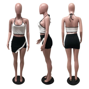Sexy Šortky Sukne 2 dielna Sada Ženy Oblečenie Zodpovedajúce Sady s uväzovaním za Plodín Top Vesta + Mini Asymetrická Sukňa Lete Nové Oblečenie 2021