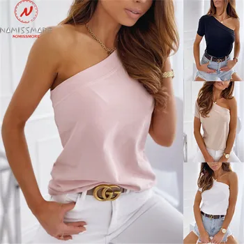 Sexy Ženy, Letné jednofarebné Tričká Jeden Ramenný Dizajn, Krátky Rukáv Slim Pulóvre Top pre Streetwear
