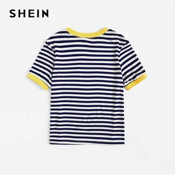 SHEIN Plus Veľkosť Našité Vrecko Prekladané Zvonenie Top Tee Ženy Lete Preppy Kolo Krku Prekladané Kontrast Záväzné Tvárny T-shirt