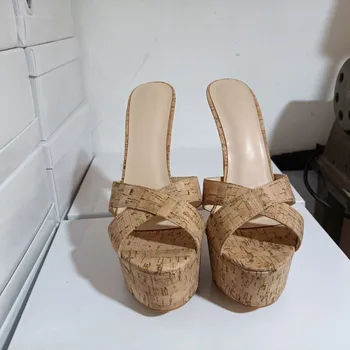SHOFOO topánky,Krásne a módne lady sandále, asi 4,5 cm platforma, 14.5 cm vysoké podpätky papuče, dámske papuče.