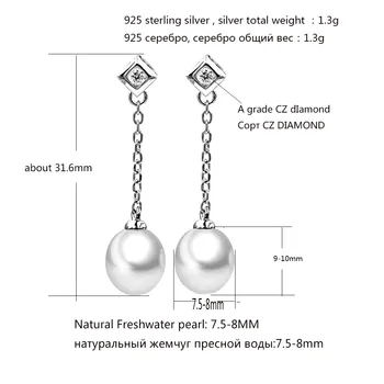 Silver pearl Stud náušnice prírodné sladkovodné kvapka vody štýl perly 7.5-8 mm 925 sterling silver strapec náušnice pre ženy