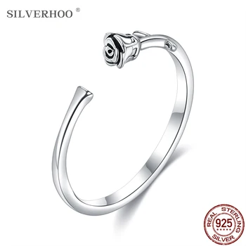 SILVERHOO Skutočné 925 Sterling Silver Šperky Retro Ruže Kvet Otvorte Nastaviteľné Prst Prstene Pre Ženy Romantický Zásnubný Prsteň