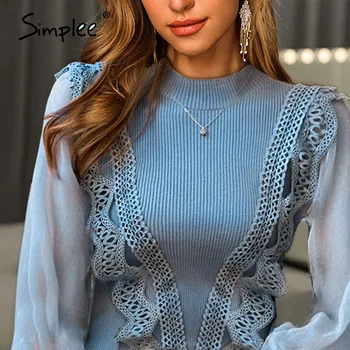 Simplee Elegantné pevné zimné čipky oka svietidla rukáv pulóver ženy O-krku patchwork pletený sveter ležérne Módne jumper lady