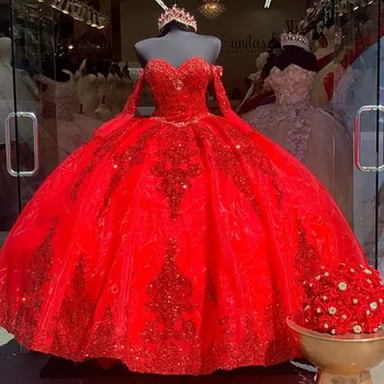 Skutočné Fotografie Červené Organza Sweet 16 Quinceanera Šaty Sequined Nášivka Korálkové Milú Sprievod Šaty Mexické Dievča Narodeniny Šaty