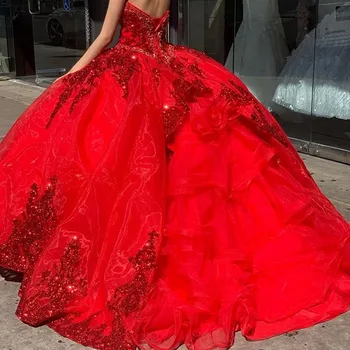 Skutočné Fotografie Červené Organza Sweet 16 Quinceanera Šaty Sequined Nášivka Korálkové Milú Sprievod Šaty Mexické Dievča Narodeniny Šaty